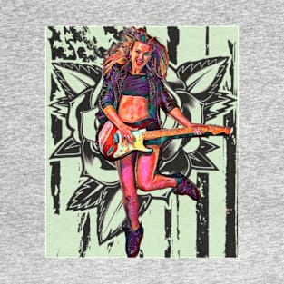 Girl Guitarist (sketched rose background) T-Shirt